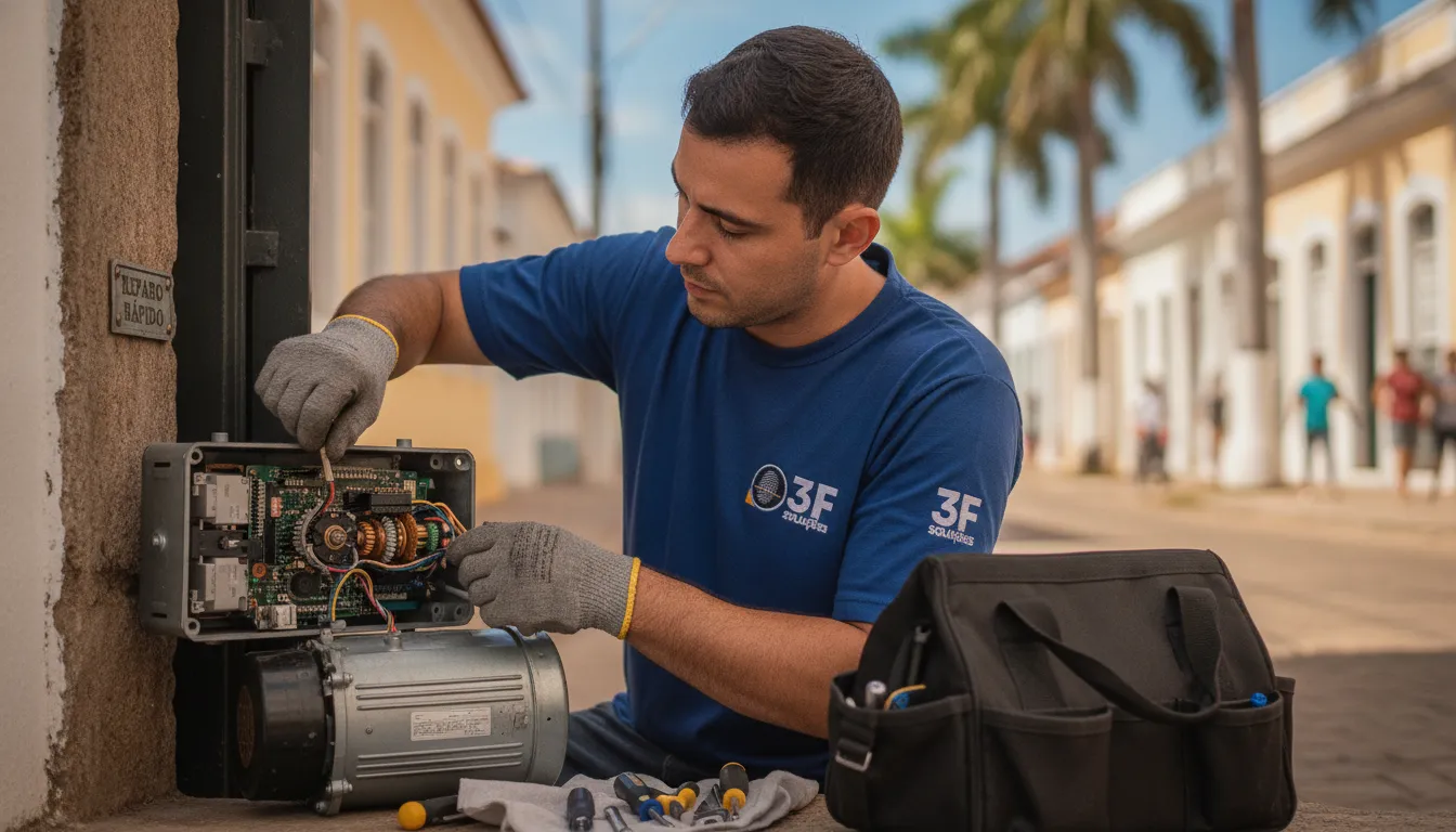 Manutenção profissional de Motor de Portão em Fortaleza por técnico da 3F Soluções, com ferramentas e foco no trabalho.