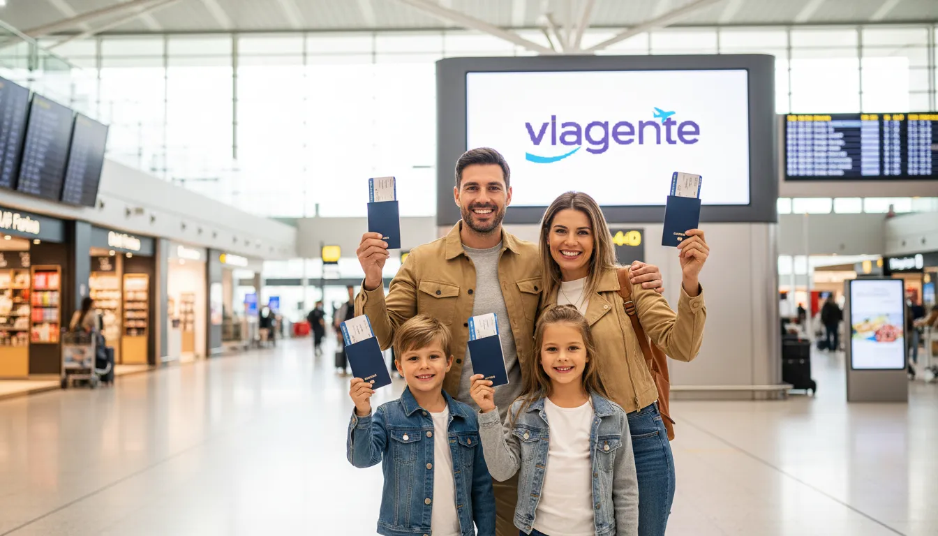 Família feliz no aeroporto, mostrando seus passaportes após o agendamento passaporte, prontos para viajar.