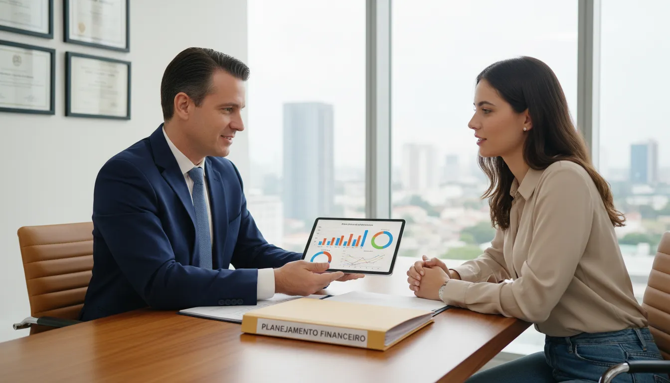 Consultor financeiro explica empréstimo com imóvel como garantia para jovem em ambiente profissional e confiável.