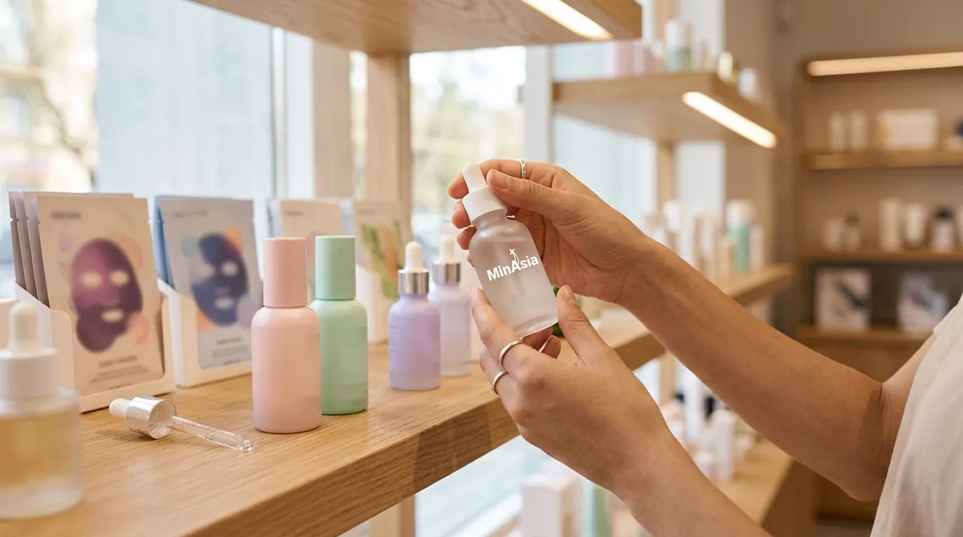 Prateleiras elegantes de cosméticos para compras na Coreia do Sul em loja moderna de skincare.