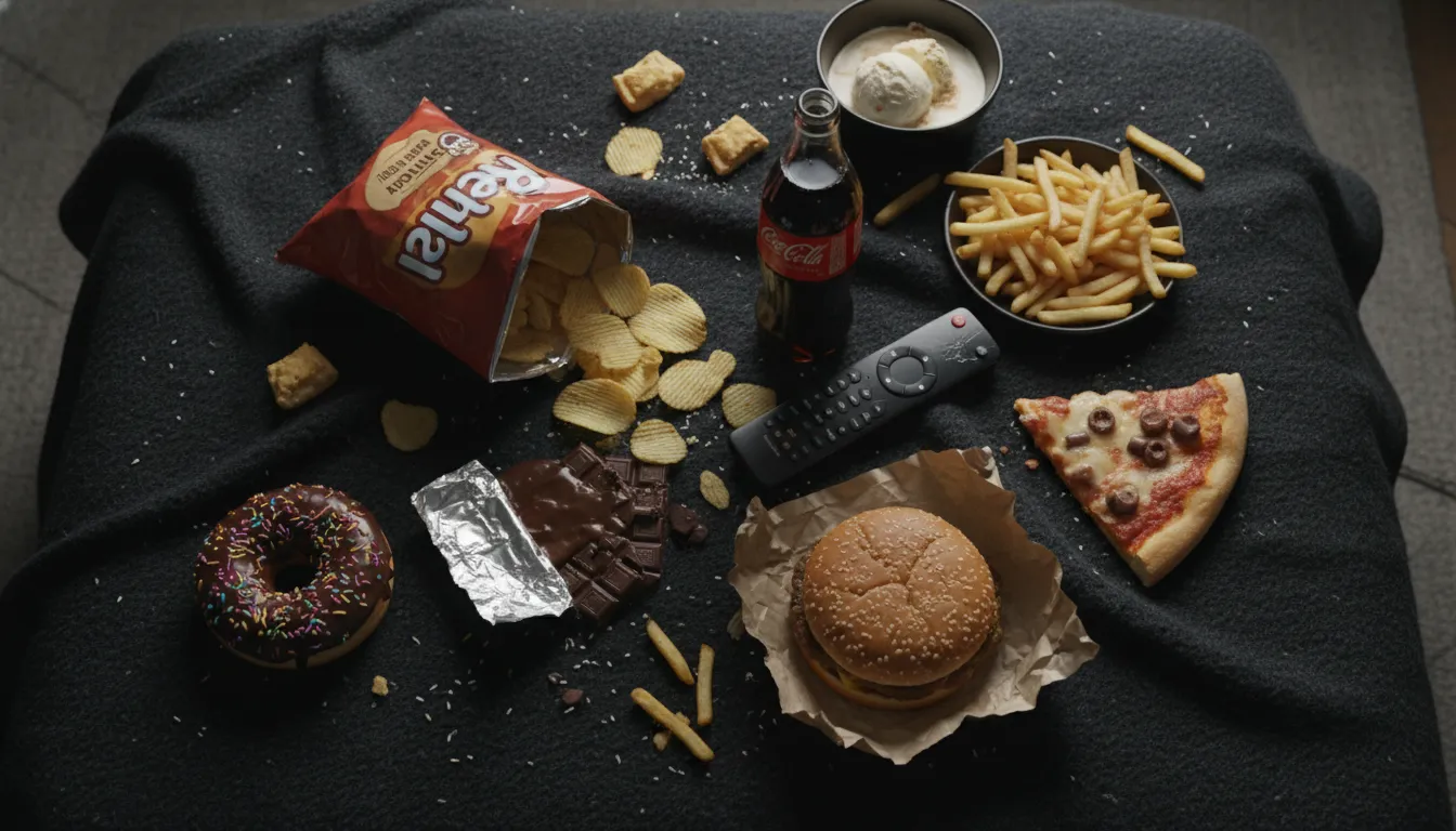 Comida de conforto espalhada, simbolizando excesso e a busca por alívio através da alimentação emocional em momentos de estresse.