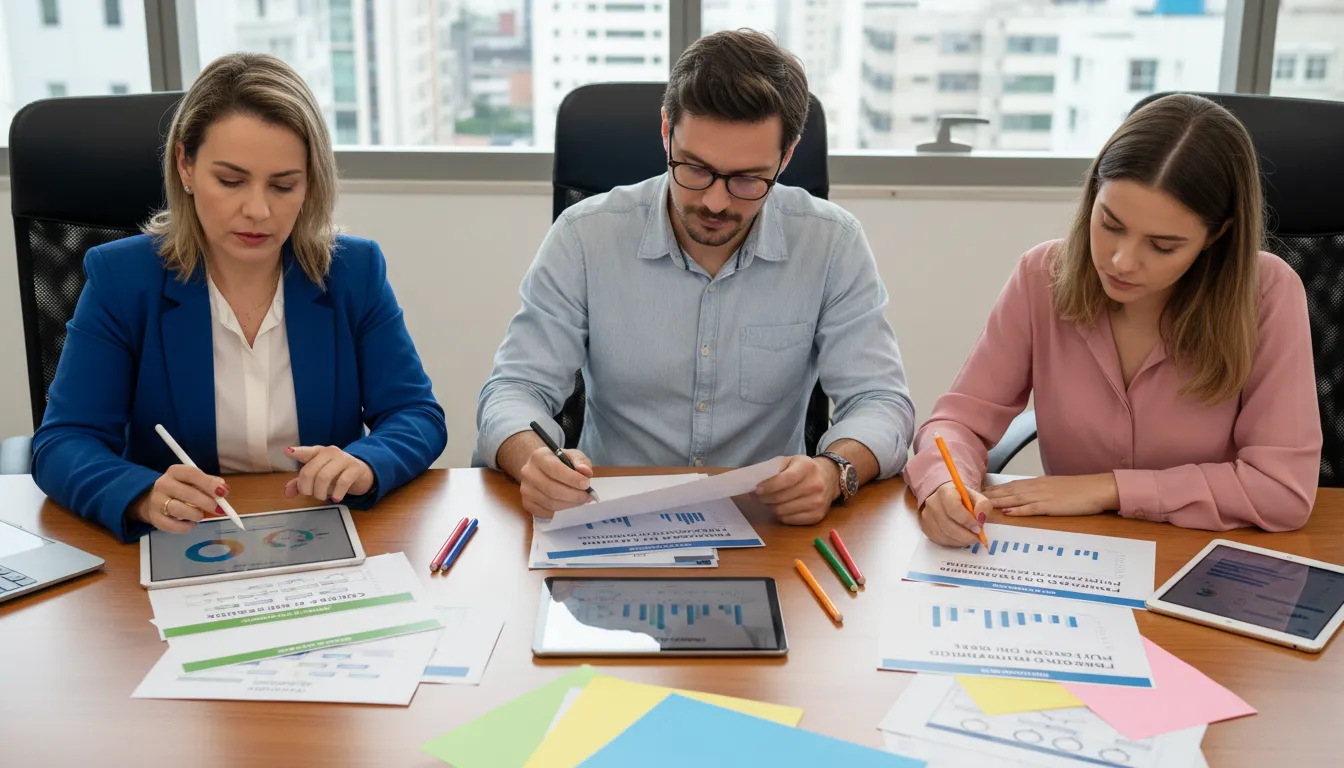 Grupo de pessoas avaliando opções de consórcio, empréstimo e financiamento com gráficos e documentos