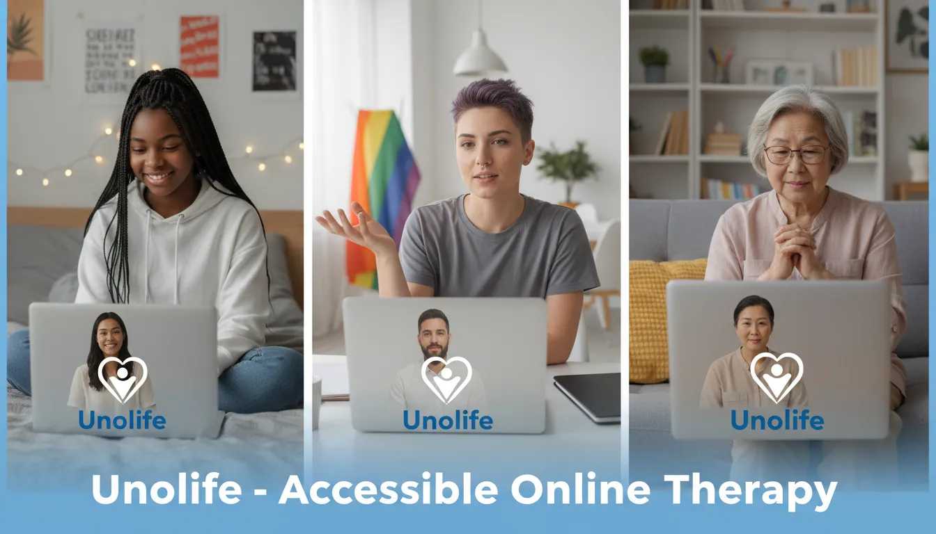 Montagem diversa mostrando indivíduos em terapia online com Unolife, destacando a inclusão e o suporte do atendimento social.