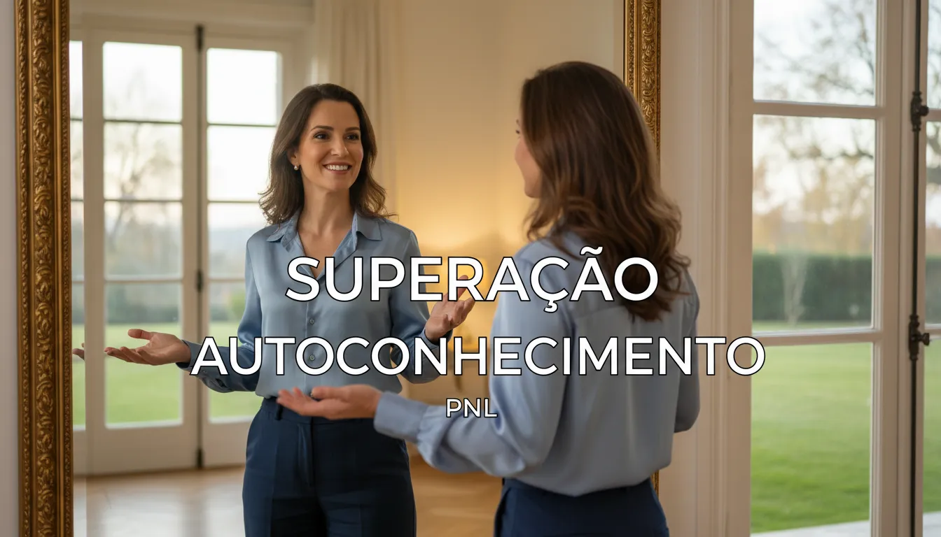 Indivíduo praticando PNL para autoconfiança diante do espelho em ambiente acolhedor.