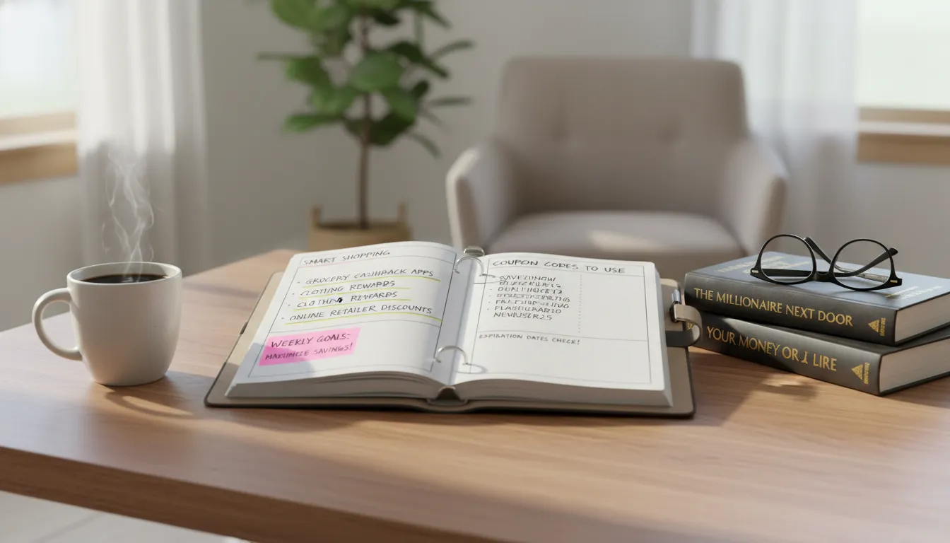 Planejador financeiro com dicas de cashback e cupons ao lado de café e livros
