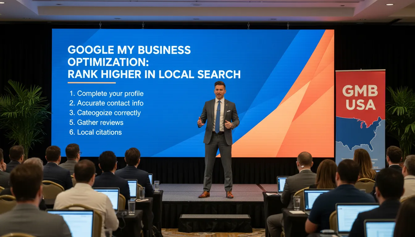 Alex Priete apresenta estratégias de marketing digital e otimização de Google My Business nos EUA. A apresentação foca em ranqueamento local.