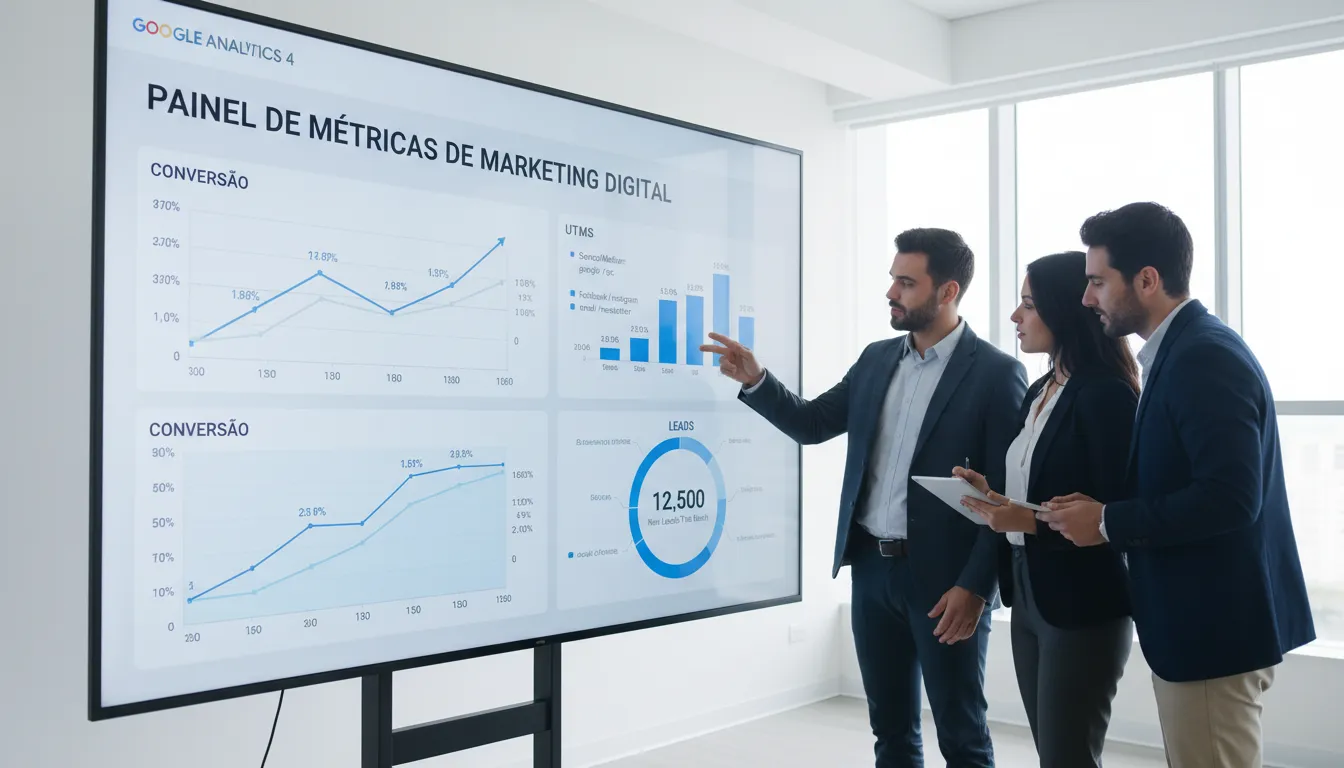 Profissionais analisando métricas e dados GA4 de um funil de geração de leads eficiente