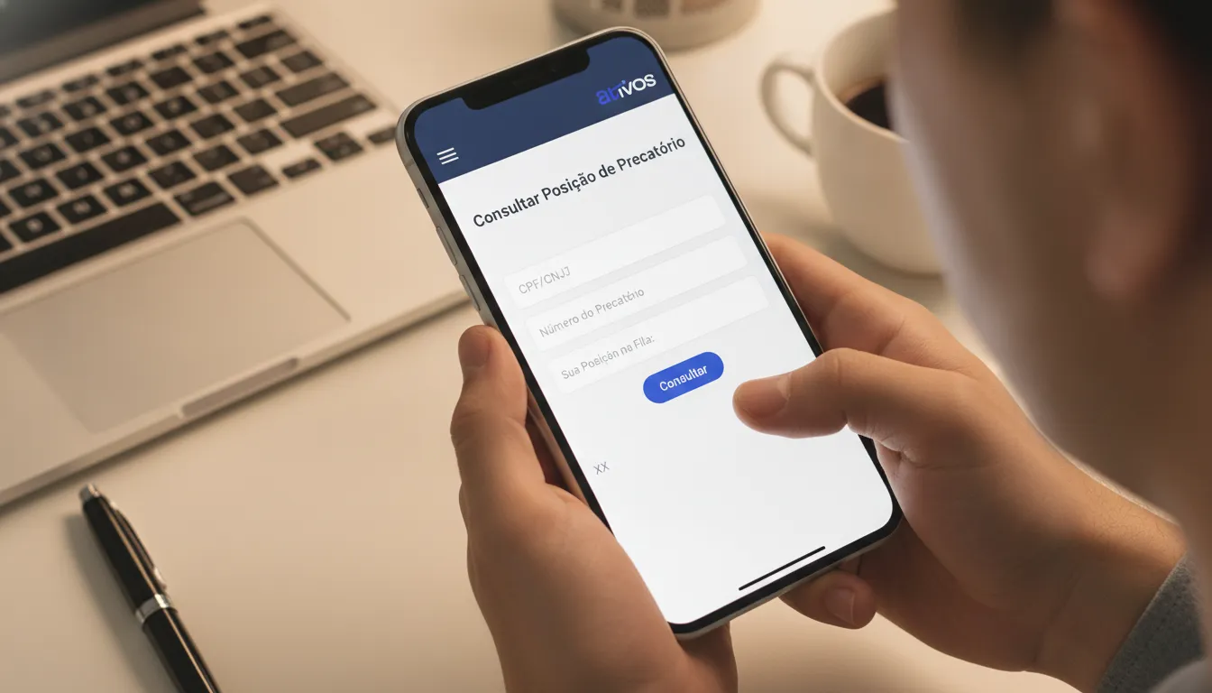 Mãos consultam a posição de precatório em app de smartphone, mostrando a ordem cronológica na tela.