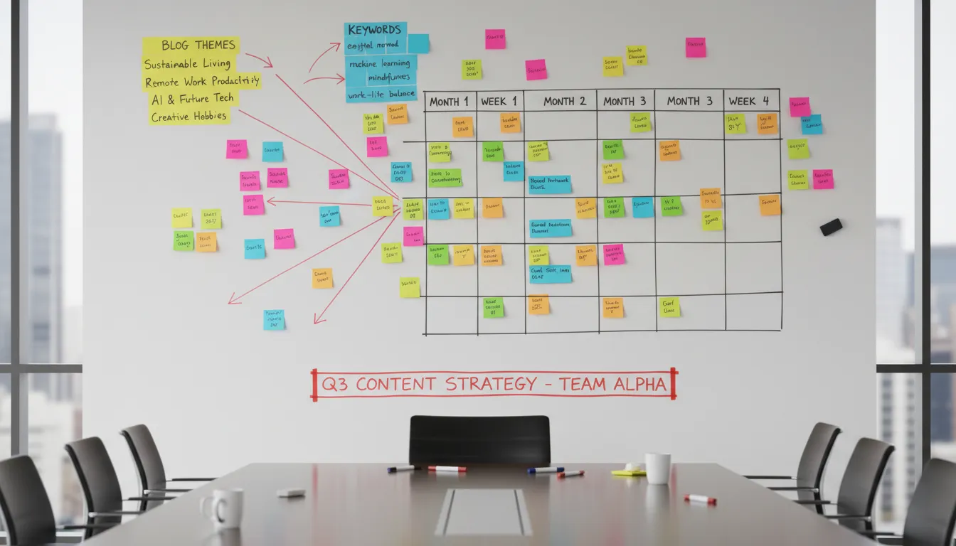 Roteiro de Conteúdo para Blog de Loja Virtual por 90 Dias 1 Mural de planejamento estratégico com temas de blog e calendário de 3 meses.