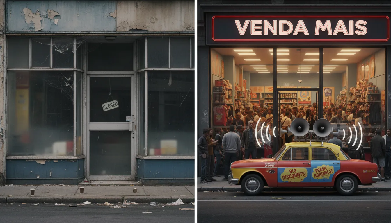 Comparativo visual: loja fechada versus loja movimentada com propaganda para carro de som, mostrando o impacto da Spots Brasil.