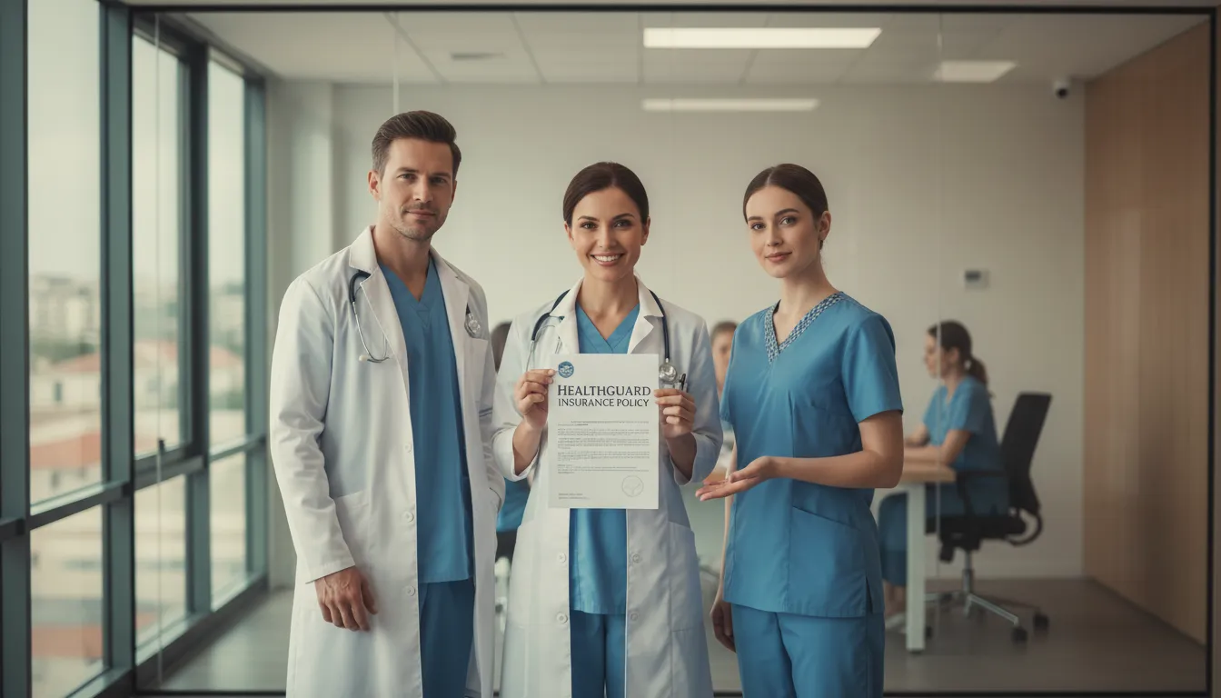 Equipe médica em clínica moderna exibe apólice de seguro, representando segurança e tranquilidade no atendimento.