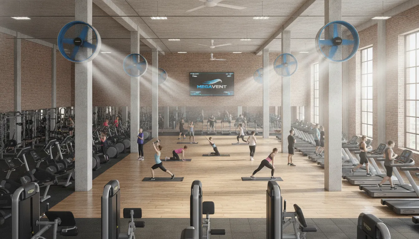 Circuladores de ar industrial MegaVent instalados em academia, proporcionando ventilação superior a ventiladores.