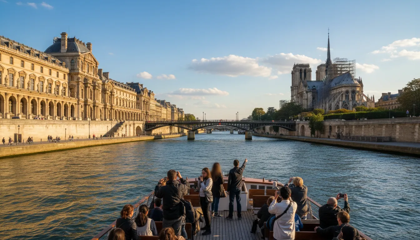 Vista panorâmica dos monumentos de Paris a partir de um cruzeiro relaxante no rio Sena, uma experiência única.