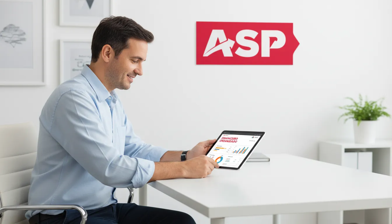 Um empresário calmo usando um sistema ERP moderno para organizar o controle financeiro para pequenas empresas de forma eficiente.
