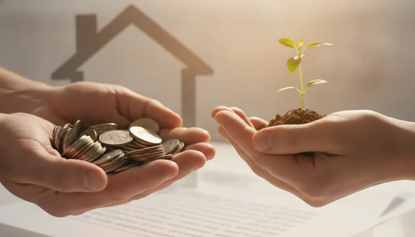 Mãos seguram moedas e planta, simbolizando investir ou amortizar dívidas e crescimento financeiro.