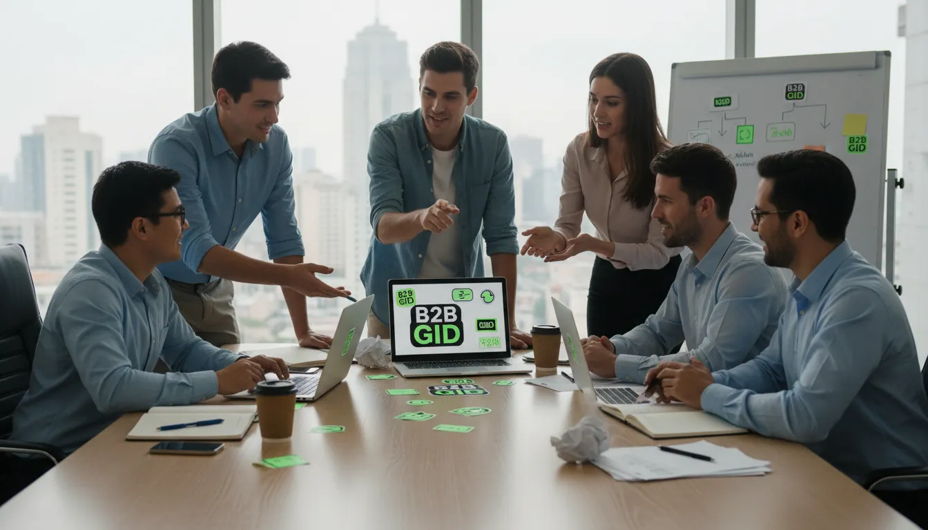 Equipo de marketing colaborando con pegatinas de GID en sus dispositivos, resaltando la innovación en marketing de contenido b2b.