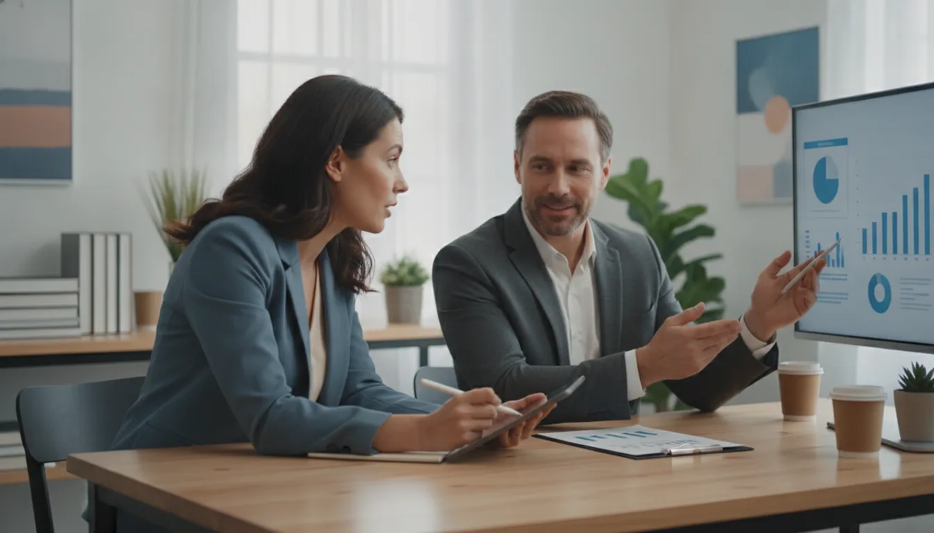 Empreendedora conversando especialista Financia Tudo, descobrindo como conseguir indicações de crédito para negócios.