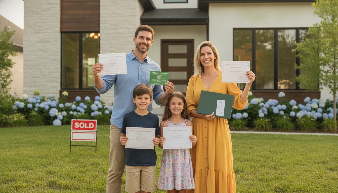 Família brasileira feliz em frente à nova casa nos EUA, celebrando a conquista do green card EUA. Prezzo Consulting.