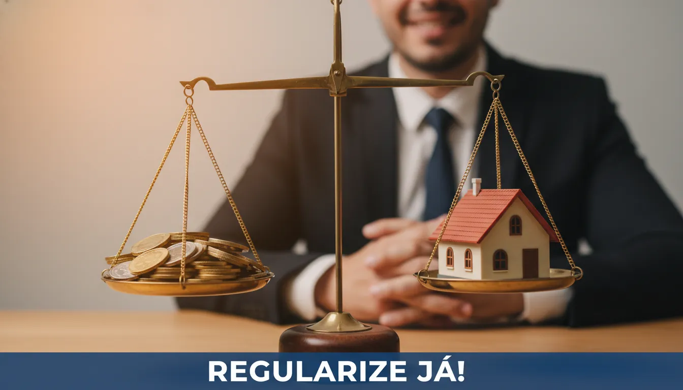 Balança equilibrada com moedas e uma casa em miniatura, simbolizando a estabilidade financeira alcançada através do parcelamento simples nacional e planejamento tributário.
