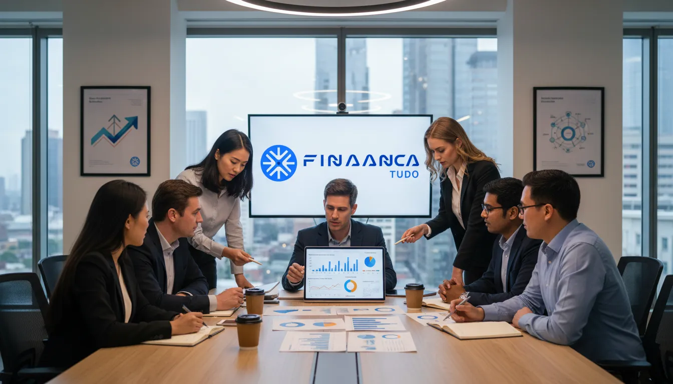 Profissionais colaborando em análise de dados de programa de funil para afiliado de crédito, com branding sutil da Financia Tudo.