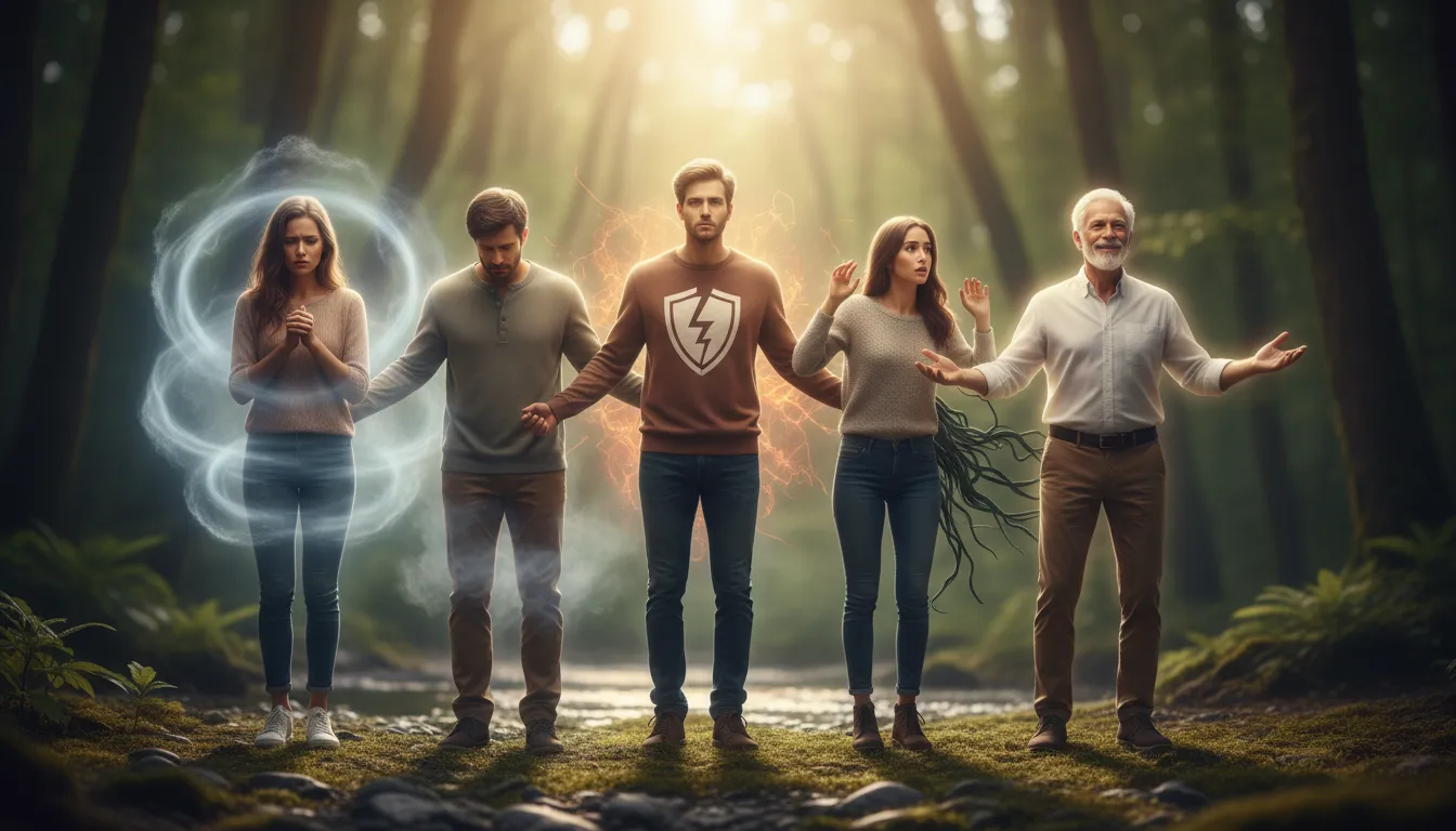 Grupo diverso de pessoas representando desafios de saúde mental que podem ser tratados com hipnoterapia: ansiedade, depressão, TEPT, fobias.