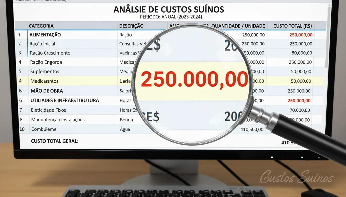 Detalhamento dos custos de produção na suinocultura em uma planilha, com destaque para os gastos com alimentação e a importância da análise financeira para a rentabilidade.