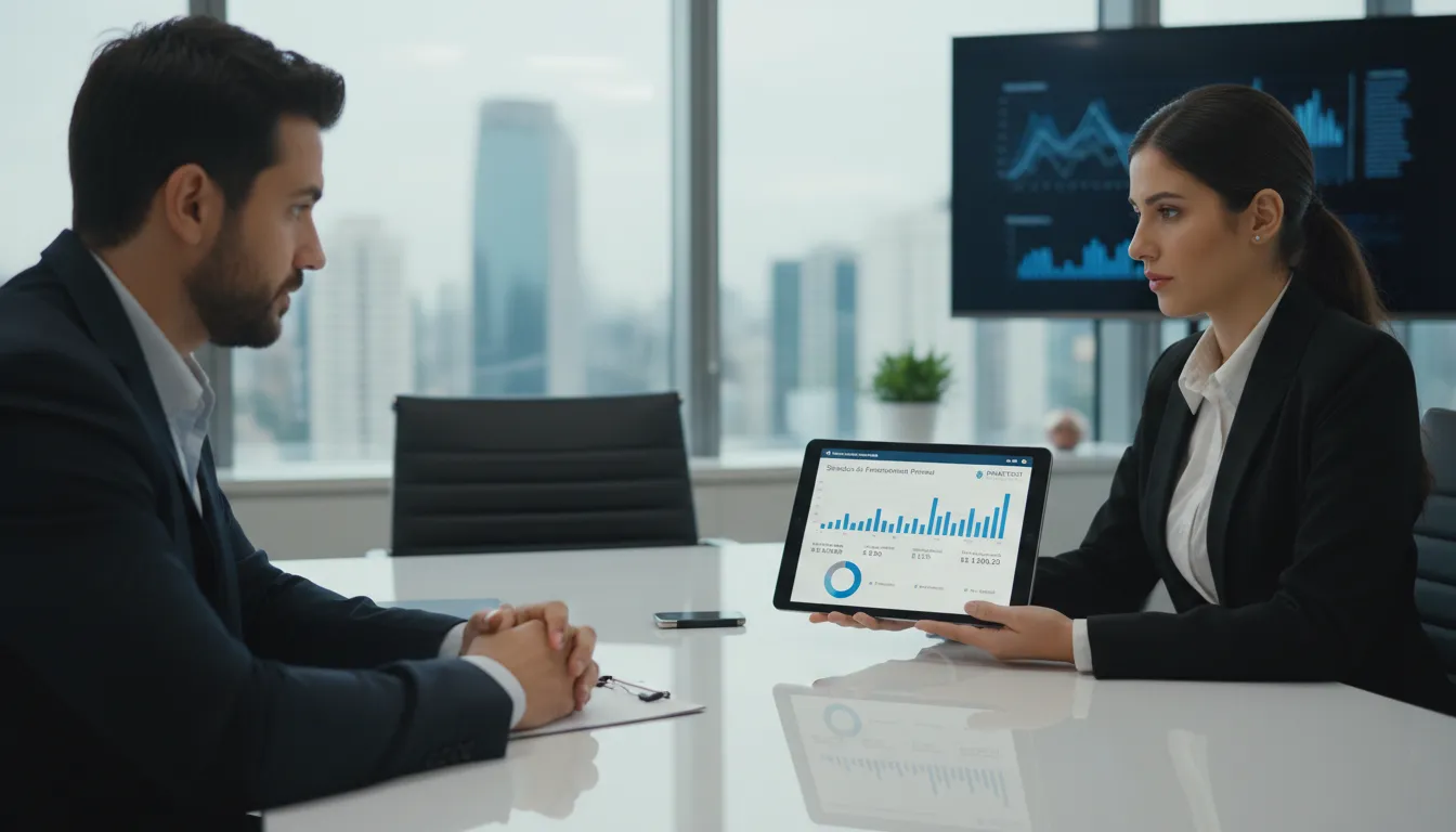 Especialista apresenta simulação digital de financiamento imobiliário para cliente interessado.