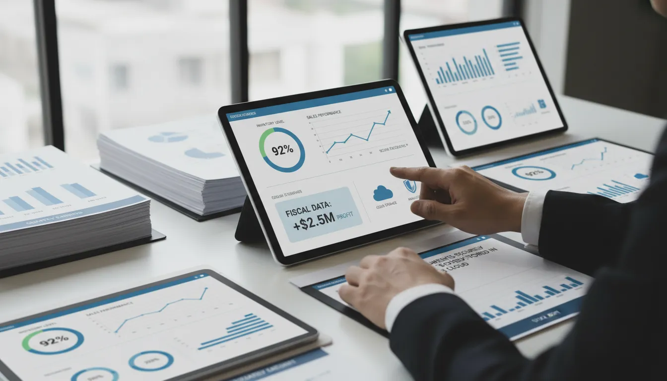 Dados fiscais e comerciais integrados em tablets destacando praticidade e controle para lojas.
