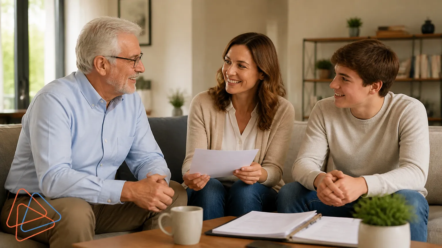 Família reunida conversando sobre planejamento sucessório e partilha de bens em vida com harmonia.