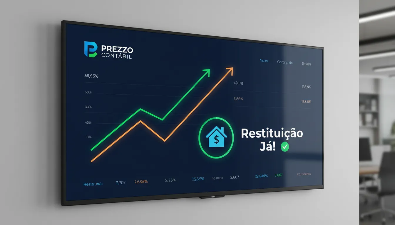 Dashboard digital exibindo gráficos de crescimento financeiro com ícone de casa, representando a consulta restituição imposto de renda e a Prezzo Contábil.