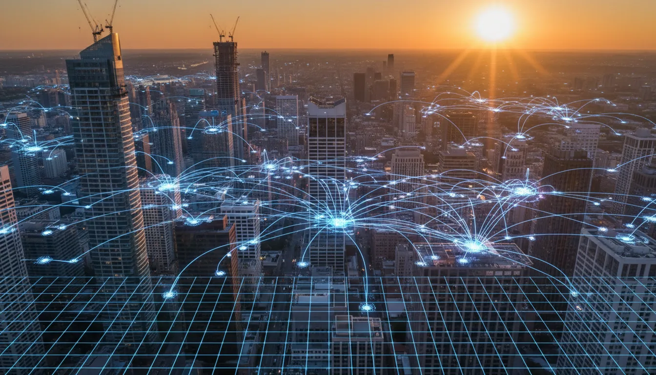 Visão aérea de uma cidade ao entardecer, simbolizando o crescimento do tráfego orgânico com a consultoria seo.