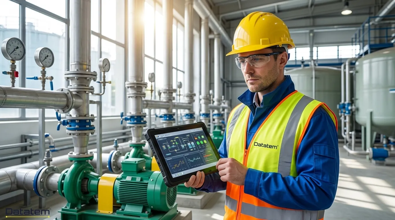 Engenheiro monitorando telemetria em campo através do sistema supervisório em tablet industrial.