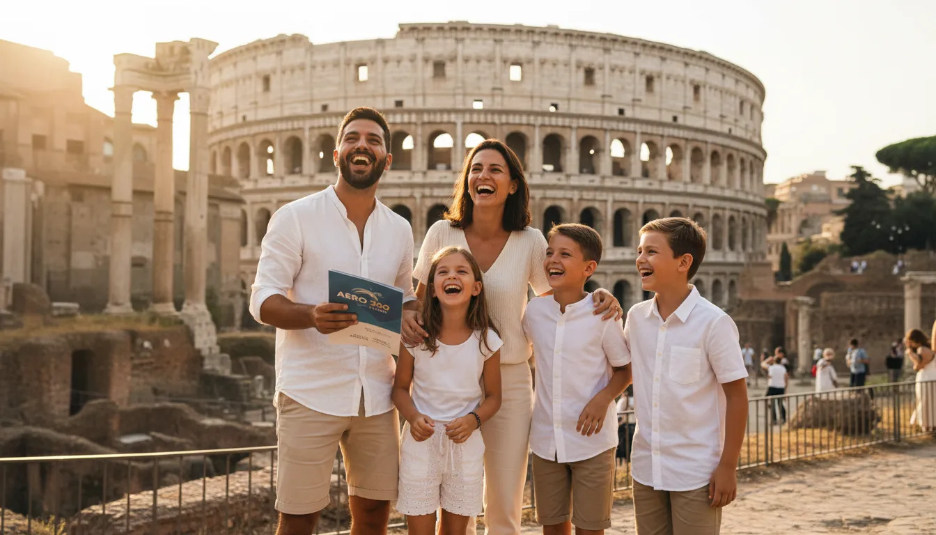 Família explorando Coliseu em Roma, aproveitando os pacotes completos e guia da Aero 360 Viagens.