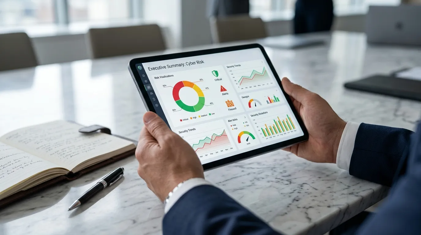 Tablet exibindo relatório e materiais para conselho sobre riscos cibernéticos em mesa executiva.