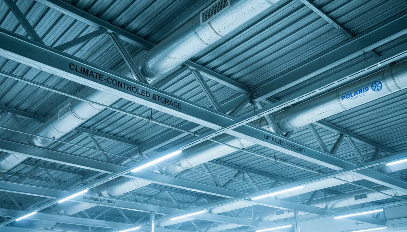 Detalhe de estrutura metálica de telhado com integração de dutos e isolamento térmico em galpão refrigerado