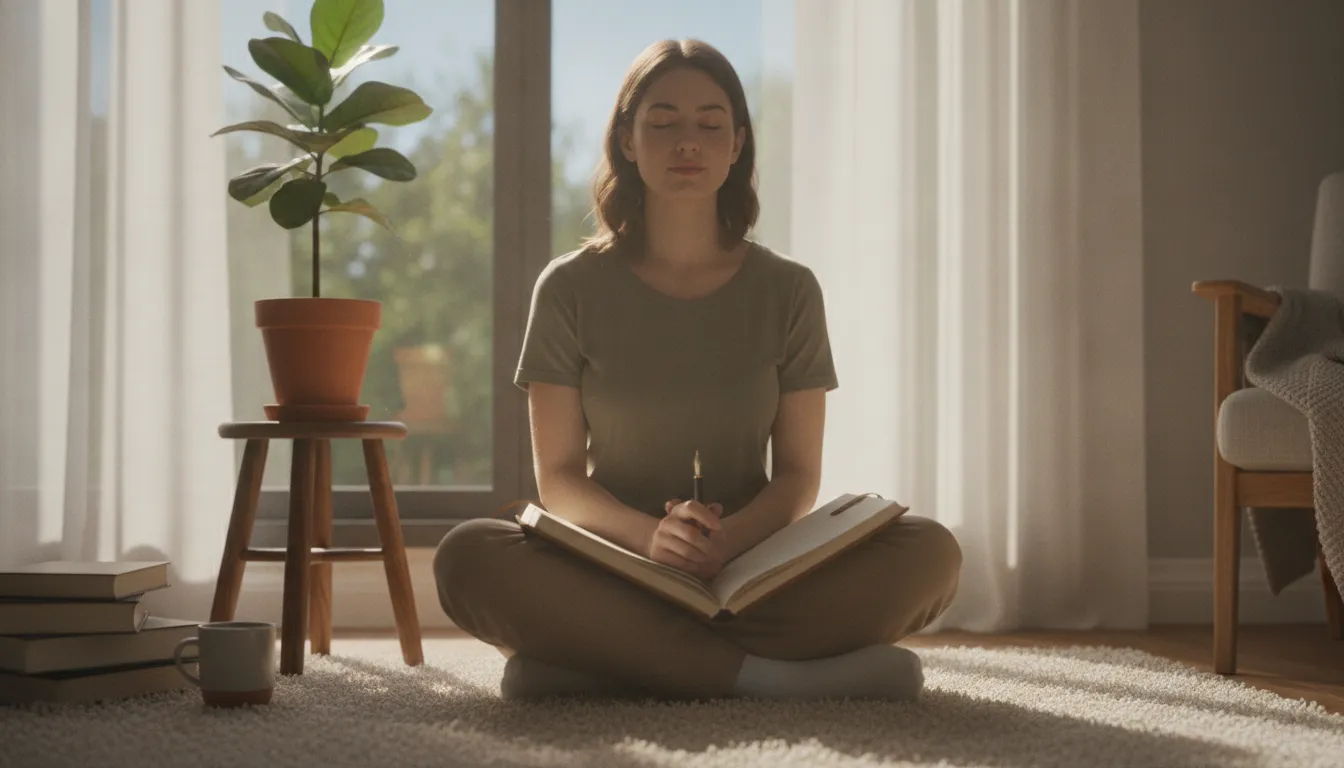 Pessoa praticando autocuidado, meditando ou escrevendo. A imagem foca na importância do autocuidado no luto sem prazo.