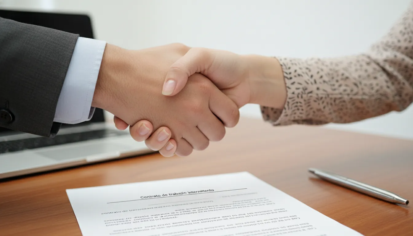 Mãos apertam-se sobre contrato de trabalho intermitente, simbolizando acordo e compromisso legal entre partes.