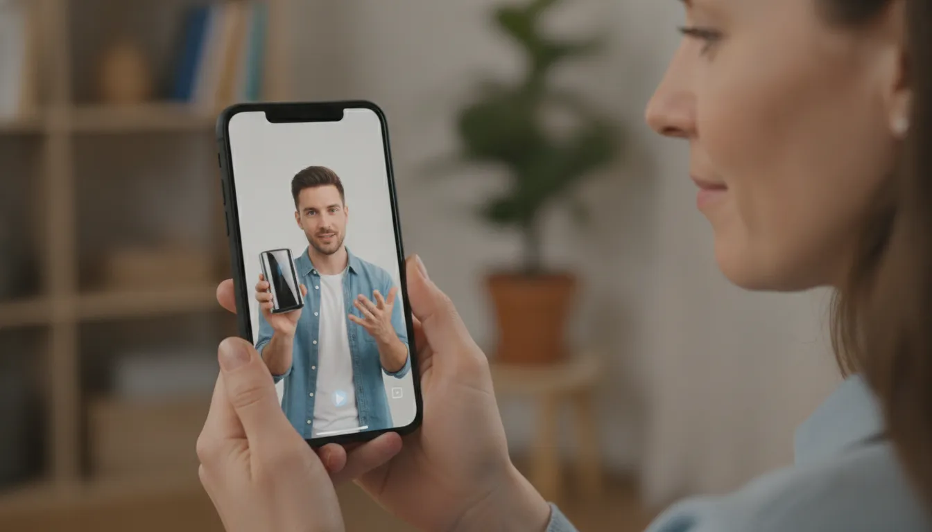 Pessoa assiste vídeo produto no celular, mostrando engajamento e potencial aumento taxa conversão.