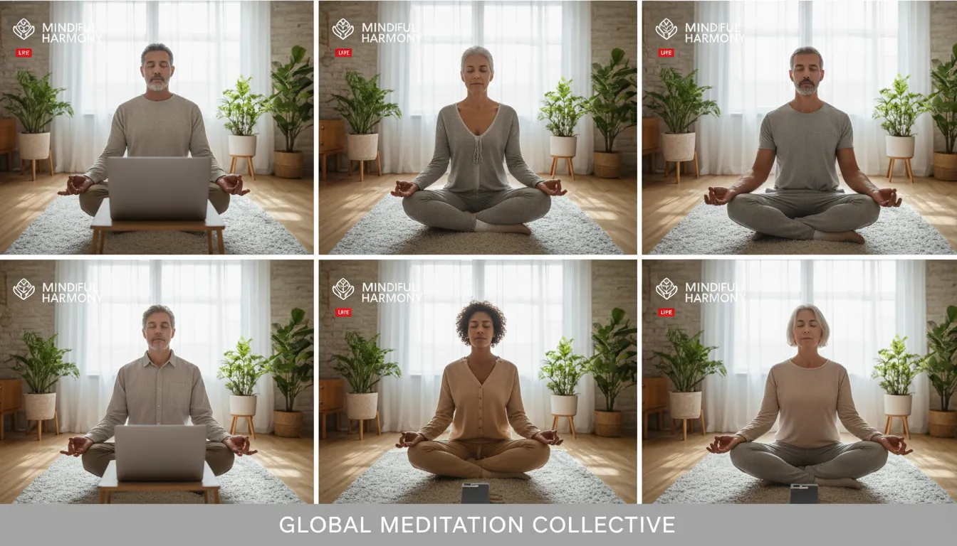 Grupo diverso em sessões de meditação virtual, cada um em seu espaço, mostrando engajamento e tranquilidade.