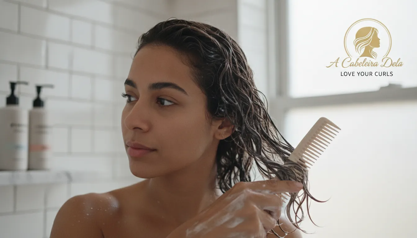 Mulher penteando o cabelo úmido com carinho, demonstrando a importância dos cuidados diários com o cabelo.