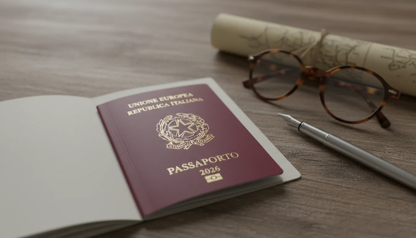 Um close-up de um passaporte e cidadania italiana sobre uma mesa de madeira rústica com acessórios de viagem e estudo.