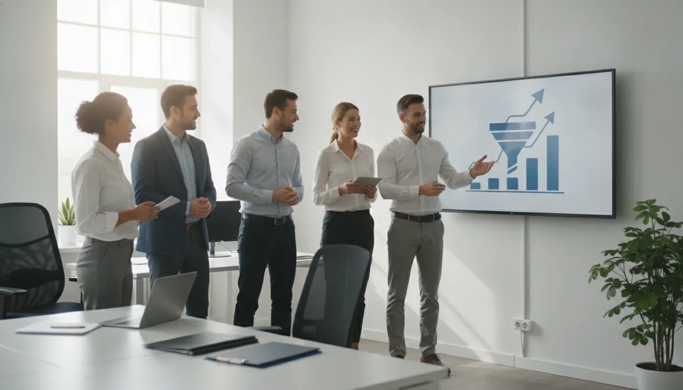 Equipe de PME celebra sucesso vendas, otimizando funil para superar a concorrência.
