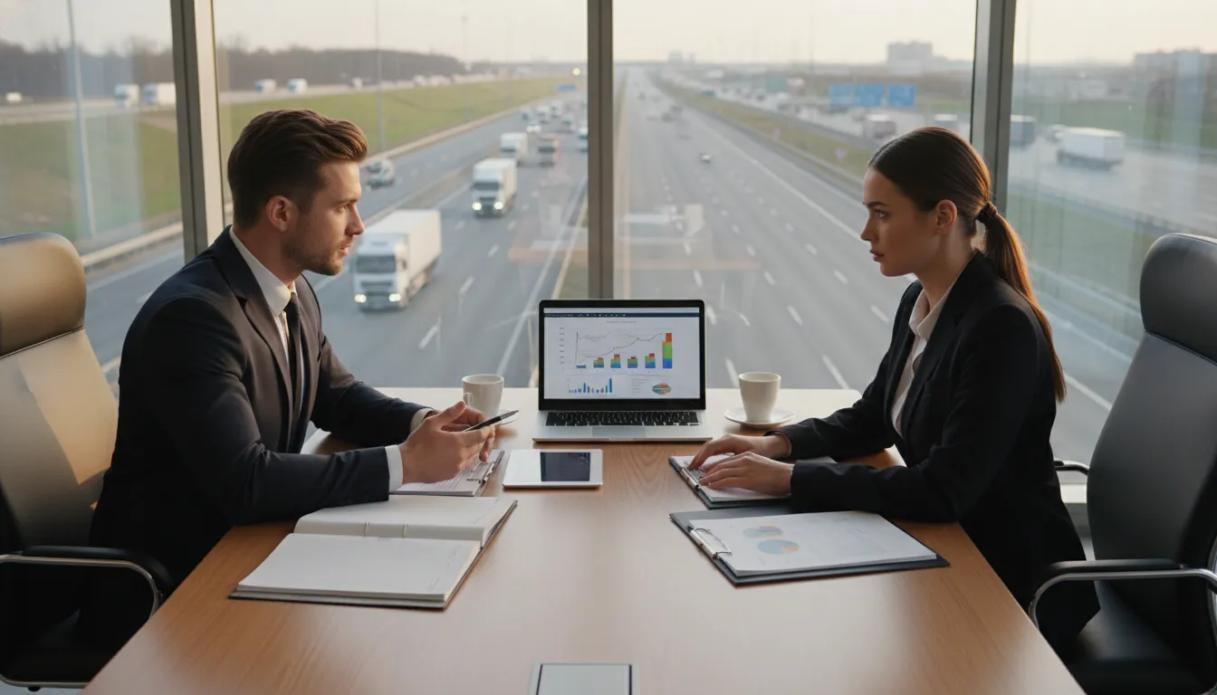 Executivos discutindo finanças em escritório, caminhões na estrada ao fundo, capital de giro empresa.