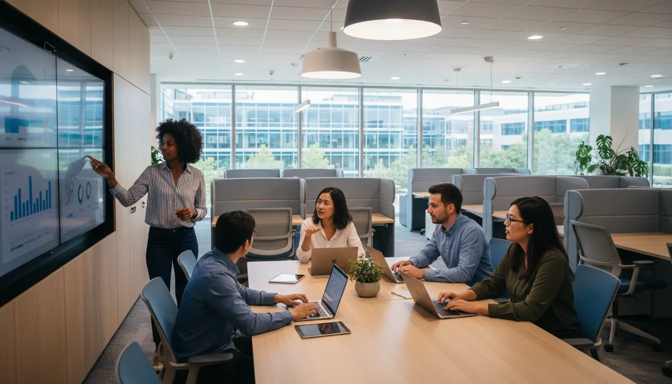 Equipe diversa colaborando em um escritório moderno, representando oportunidades de trabalho híbrido e presencial na Amazon.