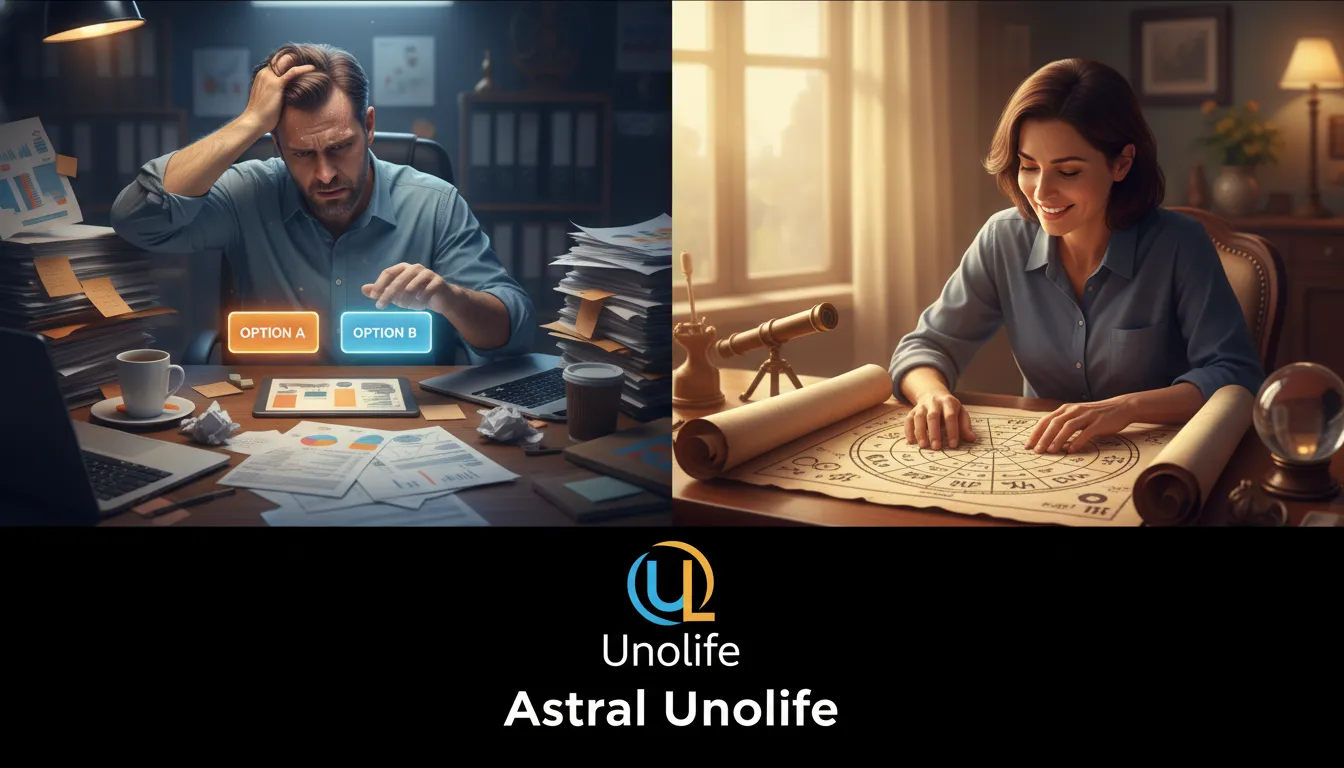 Antes e depois de usar o mapa astral para decisões: do caos à clareza, mostrando como a Unolife oferece suporte para um futuro mais assertivo e tranquilo em 2026.