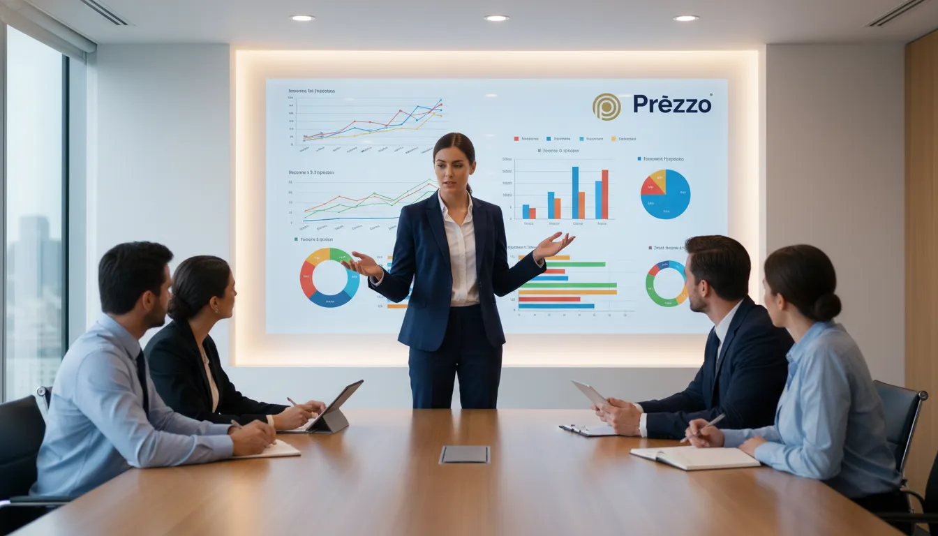 Apresentação de dados financeiros em tela touchscreen sobre projeções do imposto de renda 2026.