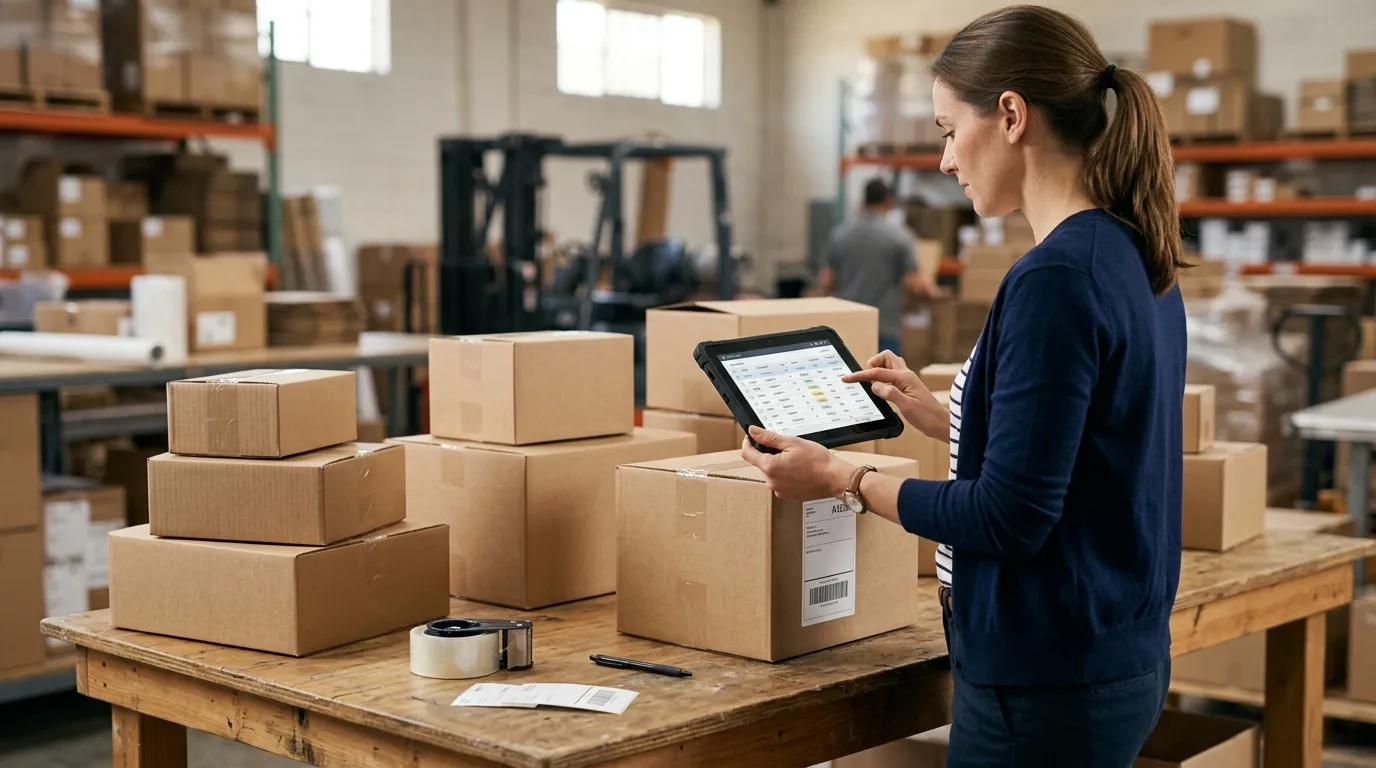 Organização de mercadorias e tablet pronto para emitir nota fiscal mercado livre de vendas.