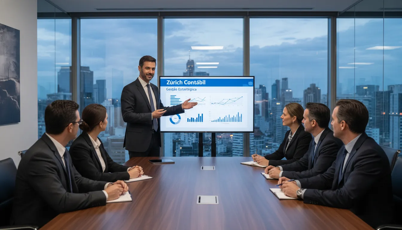 Reunião estratégica com CEO apresentando insights financeiros para o conselho, demonstrando a aplicação da contabilidade gerencial na liderança.