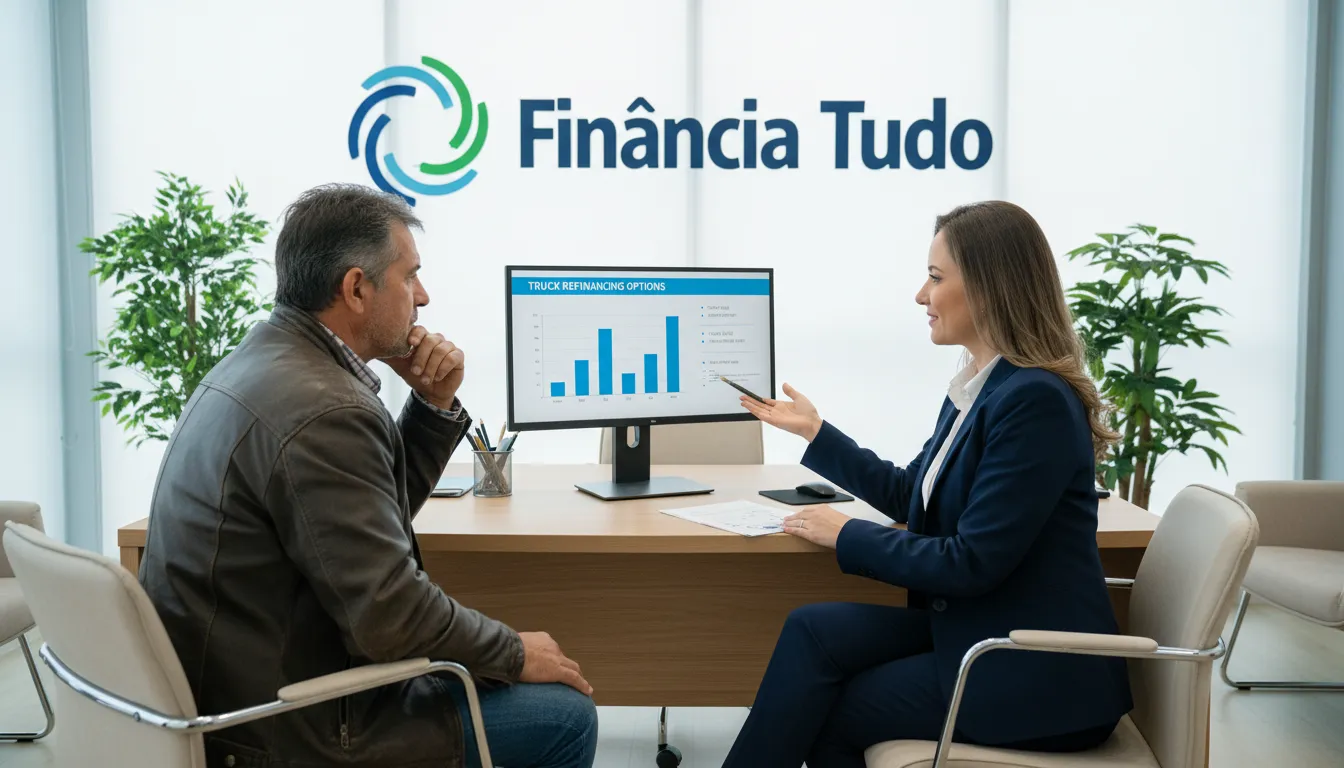 Especialista da Financia Tudo explica condições de crédito para refinanciamento de caminhão, otimizando a taxa de refinanciamento caminhão.
