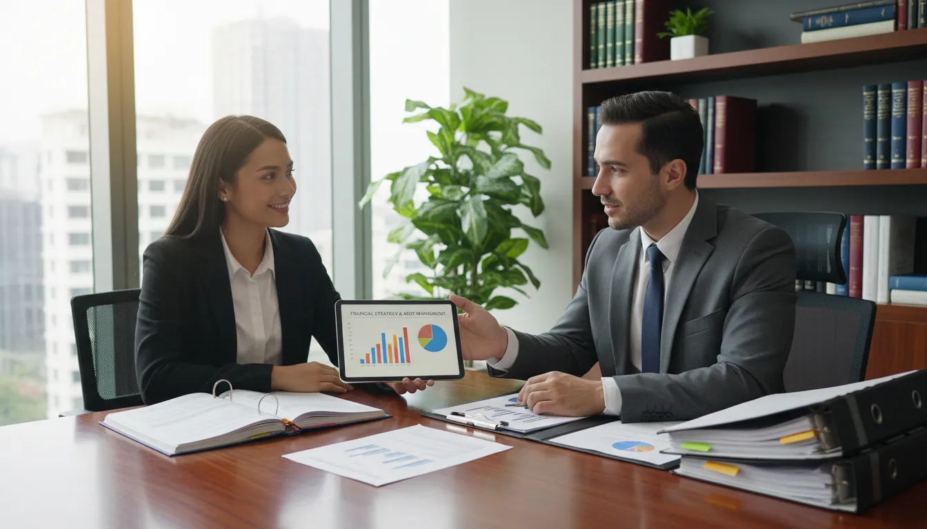 Consultor jurídico e cliente discutindo soluções financeiras em ambiente acolhedor e profissional.